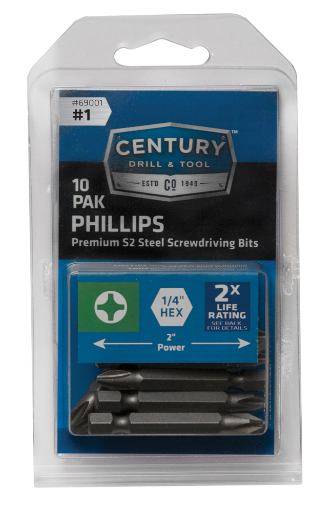 Phillips Screwdriver Bit #1 Power 2″ Bit S2 Steel 10 Pack